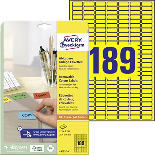 AVERY Zweckform L6037-20 Gelbe Etiketten (3.780 Aufkleber, 25,4x10mm auf A4, wieder rückstandsfrei ablösbar, selbstklebende Farbetiketten, Papier matt, bedruckbare, farbige Klebeetiketten) 20 Blatt von AVERY Zweckform