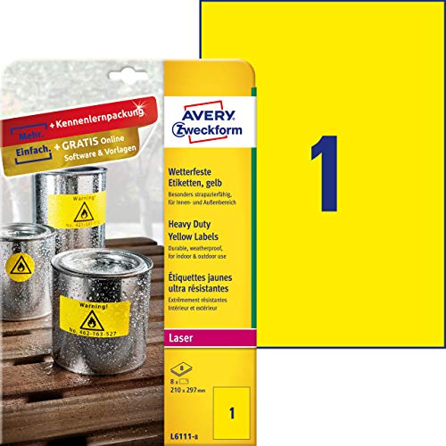 AVERY Zweckform L6111-8 Wetterfeste Folienetiketten (210x297 mm auf DIN A4, extrem stark selbstklebend, wasserfest, bedruckbare Outdoor Klebefolie) 8 Aufkleber auf 8 Blatt gelb von AVERY Zweckform