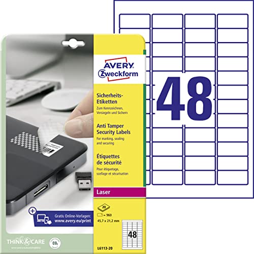 AVERY Zweckform L6113-20 Sicherheitsetiketten (960 Folienaufkleber, 45,7x21,2mm auf A4, stark selbstklebend, fälschungs-/manipulationssicher Sicherheitsfolie, bedruckbare Klebefolie) 20 Blatt, weiß von AVERY Zweckform