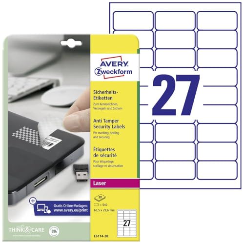 AVERY Zweckform L6114-20 Sicherheitsetiketten (540 Folienaufkleber, 63,5x29,6mm auf A4, stark selbstklebend, fälschungs-/manipulationssicher Sicherheitsfolie, bedruckbare Klebefolie) 20 Blatt, weiß von Avery Zweckform