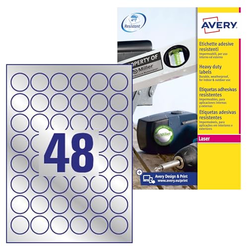 AVERY Zweckform L6129–20 silber schwer Pflicht wetterfest Etiketten für Laserdrucker (30 mm Dia Runde Etiketten, 48 Etiketten pro A4 Blatt, 20 Blatt) von AVERY Zweckform