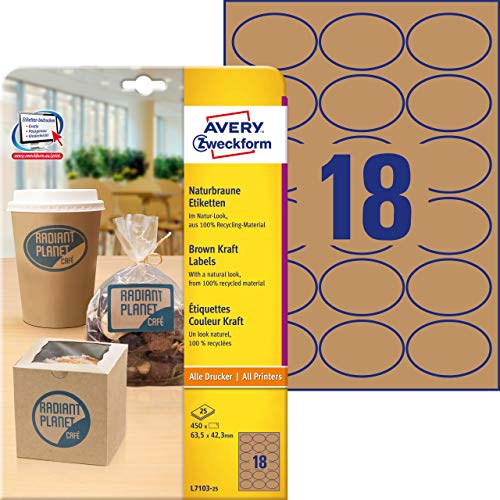 AVERY Zweckform L7103-25 Kraftpapier Etiketten (450 Aufkleber zum Bedrucken, 42,3x63,5mm auf A4, selbstklebend, ovale Recycling Etiketten, nachhaltige Produktaufkleber) 25 Blatt, naturbraun von AVERY Zweckform