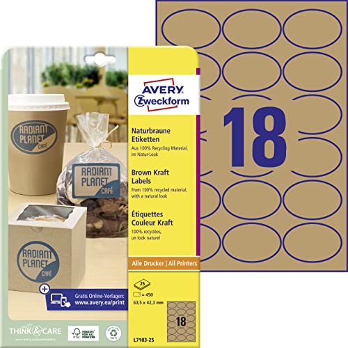 AVERY Zweckform L7103-25 Kraftpapier Etiketten (450 Aufkleber zum Bedrucken, 42,3x63,5mm auf A4, selbstklebend, ovale Recycling Etiketten, nachhaltige Produktaufkleber) 25 Blatt, naturbraun von AVERY Zweckform