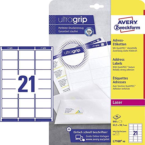 AVERY Zweckform L7160-40 Adressetiketten/Adressaufkleber (840 Etiketten mit ultragrip, 63,5x38,1mm auf A4, bedruckbar, selbstklebend, für DIN B6/C6 Briefkuverts, Papier matt) 40 Blatt, weiß von AVERY Zweckform