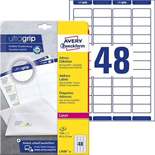 AVERY Zweckform L7636-25 Adressetiketten/Adressaufkleber (1.200 Etiketten mit ultragrip, 45,7x21,2mm auf A4, bedruckbar, selbstklebend, für Absenderetiketten, Papier matt) 25 Blatt, weiß von AVERY Zweckform