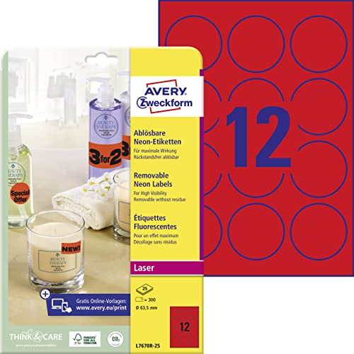 AVERY Zweckform L7670R-25 leuchtend neonrote Etiketten (300 runde Aufkleber, Ø63,5mm auf A4, selbstklebend, bedruckbar, wiederablösbar, farbige Klebeetiketten zum auffälligen Kennzeichnen) 25 Blatt von AVERY Zweckform