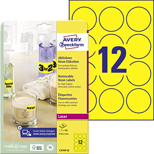 AVERY Zweckform L7670Y-25 runde leuchtend neongelbe Etiketten (300 Afukleber, Ø63,5mm auf A4, selbstklebend, bedruckbar, wiederablösbar, farbige Klebeetiketten zum auffälligen Kennzeichnen) 25 Blatt von AVERY Zweckform