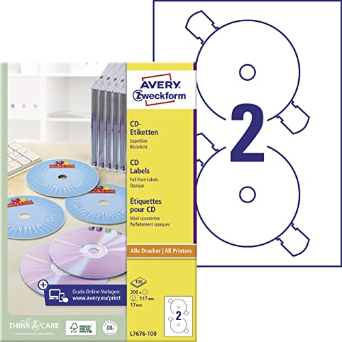 AVERY Zweckform L7676-100 selbstklebende CD-Etiketten (200 blickdichte CD-Aufkleber, Ø 117mm auf A4, SuperSize, Papier matt, bedruckbare Klebeetiketten für alle A4-Drucker) 100 Blatt, weiß von AVERY Zweckform