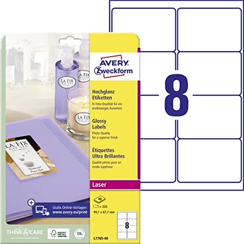 AVERY Zweckform L7765-40 Hochglanz-Etiketten (320 Glossy Aufkleber, 99,1x67,7mm auf A4, selbstklebend, bedruckbar, hochglänzendes Papier zur Produktkennzeichnung, für Laser-Drucker) 40 Blatt, weiß von AVERY Zweckform