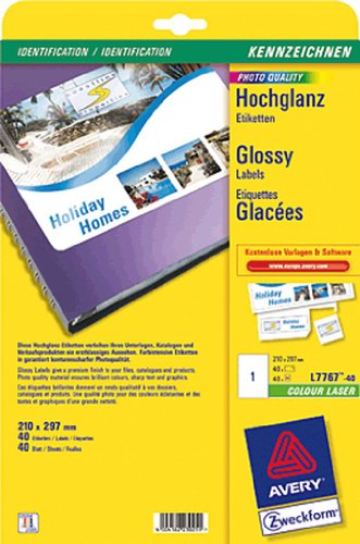 AVERY Zweckform L7767-40 Hochglanz-Etiketten (40 Glossy Aufkleber, 210x297mm auf A4, selbstklebend, bedruckbar, hochglänzendes Papier zur Produktkennzeichnung, für Laser-Drucker) 40 Blatt, weiß von AVERY Zweckform