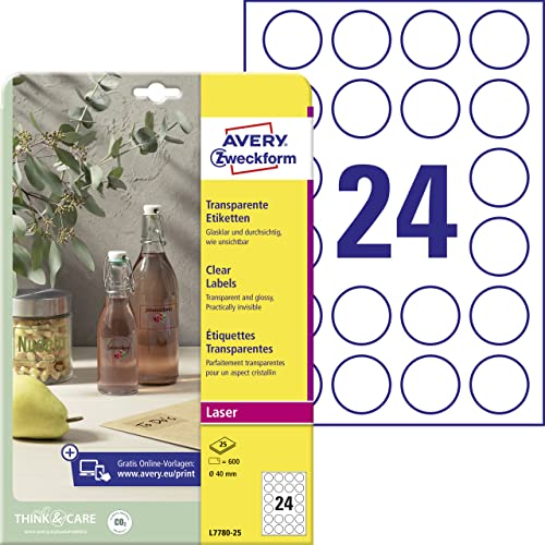 AVERY Zweckform L7780-25 transparente runde Etiketten (600 Klebepunkte, Ø40mm auf A4, selbstklebend, runde Aufkleber zum Bedrucken, wetterfest, Beschriftungen/Produktaufkleber) 25 Blatt, durchsichtig von AVERY Zweckform