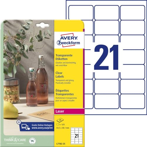 AVERY Zweckform L7782-25 transparente Etiketten (525 Klebeetiketten, 63,5x38,1mm auf A4, selbstklebend, Aufkleber zum Bedrucken, wetterfest, Beschriftungen/Produktaufkleber) 25 Blatt, durchsichtig von AVERY Zweckform