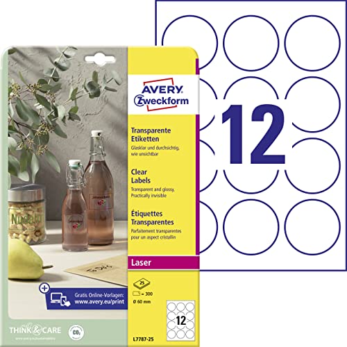AVERY Zweckform L7787-25 transparente runde Etiketten (300 Klebepunkte, Ø60 mm auf A4, runde Aufkleber zum Bedrucken, selbstklebend, wetterfest, Beschriftungen/Produktaufkleber) 25 Blatt, durchsichtig von AVERY Zweckform