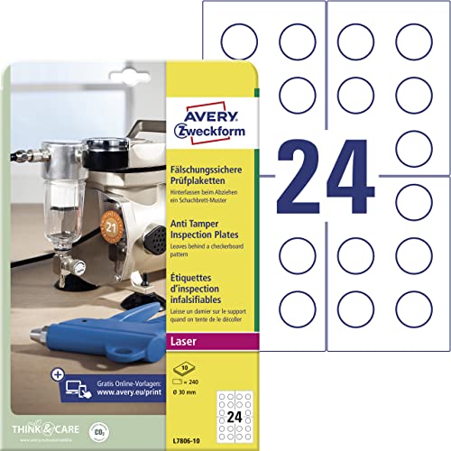 AVERY Zweckform L7806-10 Prüfplaketten bedruckbar (Ø 30 mm auf DIN A4, selbstklebend, fälschungssichere Folie, Prüfetiketten ideal zur Sicherheitskennzeichung, blanko) 240 Aufkleber auf 10 Blatt weiß von AVERY Zweckform