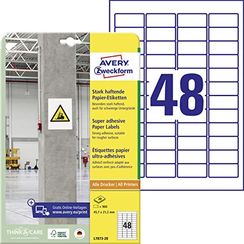 AVERY Zweckform L7873-20 Stark haftende Etiketten (960 Aufkleber, 45,7x21,2mm auf A4, extrem stark selbstklebend, auch für schwierige Oberflächen, bedruckbare Power Klebeetiketten) 20 Blatt, weiß von AVERY Zweckform