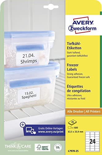 AVERY Zweckform L7970-25 Tiefkühletiketten (600 Aufkleber, 63,5x33,9mm auf A4, selbstklebend, temperaturbeständige und tiefkühlfeste Klebeetiketten für Gefriergut, bedruckbar) 25 Blatt, weiß von AVERY Zweckform