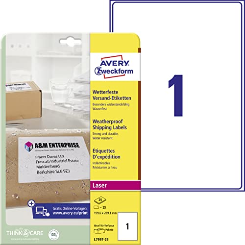 AVERY Zweckform L7997-25 wetterfeste Versandetiketten/ Versandaufkleber (25 Etiketten, 199,6 x 289,1mm auf DIN A4, bedruckbar, selbstklebend, für Pakete, Päckchen und Versandrollen) 25 Blatt, weiß von AVERY Zweckform