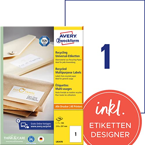 AVERY Zweckform LR3478 Recycling Etiketten (100 Klebeetiketten, 210x297mm auf A4, 100% recyceltes Altpapier, bedruckbare Versandetiketten, selbstklebende Versandaufkleber) 100 Blatt, naturweiß von AVERY Zweckform