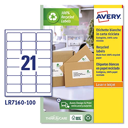 AVERY Zweckform LR7160-100 Adress-Etiketten (A4, 2.100 Stück, Recycling, 63,5 x 38,1 mm, 100 Blatt) weiß von AVERY Zweckform
