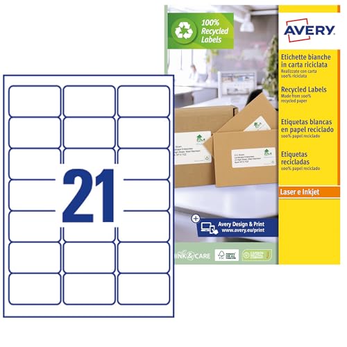 AVERY Zweckform LR7160-100 Adress-Etiketten (A4, 2.100 Stück, Recycling, 63,5 x 38,1 mm, 100 Blatt) weiß von AVERY Zweckform