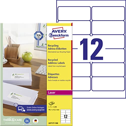 AVERY Zweckform LR7177-100 Recycling Etiketten (1.200 Adressaufkleber, 99,1x42,3mm auf A4, 100% recyceltes Altpapier, bedruckbar, selbstklebend, für DIN lang Briefkuverts) 100 Blatt, naturweiß von AVERY Zweckform