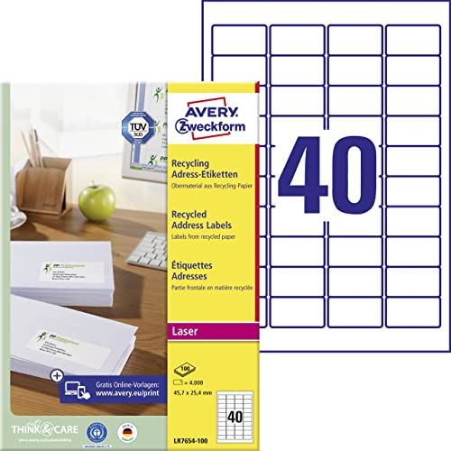 AVERY Zweckform LR7654-100 Recycling Etiketten (4.000 Adressaufkleber, 45,7x25,4mm auf A4, 100% recyceltes Altpapier, bedruckbar, selbstklebend, für alle Briefkuverts) 100 Blatt, naturweiß von AVERY Zweckform