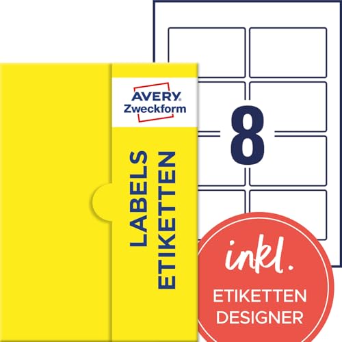 AVERY Zweckform P3461-25 Universal Etiketten (200 Klebeetiketten, 85x55mm auf A4, Papier matt, bedruckbare Produktetiketten, selbstklebende Marmeladenetiketten, individuelle Aufkleber) 25 Blatt, weiß von AVERY Zweckform