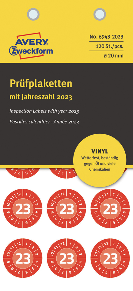 AVERY Zweckform Prüfplaketten, 2023, Vinyl, rot, 20 mm von AVERY Zweckform