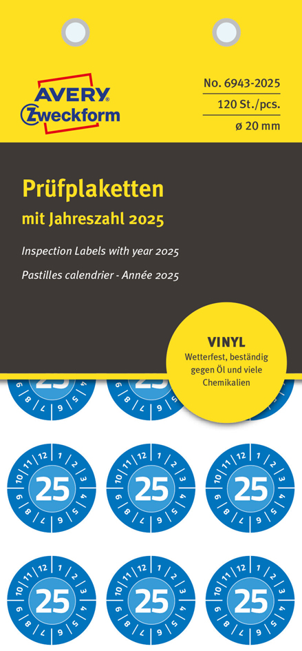 AVERY Zweckform Prüfplaketten, 2024, Vinyl, gelb, 20 mm von AVERY Zweckform