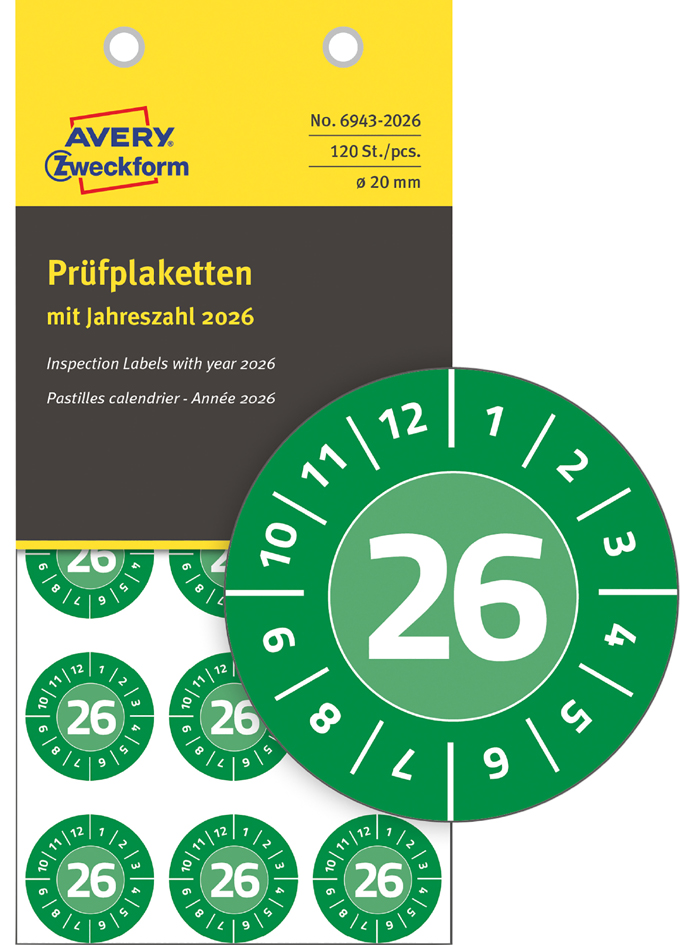 AVERY Zweckform Prüfplaketten, 2026, Vinyl, grün, 20 mm von AVERY Zweckform