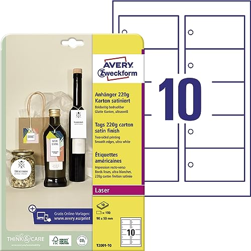AVERY Zweckform T2001-10 stabile Anhänger 100 Stück inkl. Schnüre (90x50mm auf A4, beidseitig bedruckbare Produktanhänger, extra glatte Kanten, Geschenkanhänger, Preisanhänger) Karton 220g, weiß von AVERY Zweckform