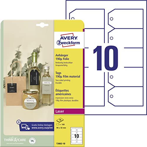 AVERY Zweckform T3002-10 stabile Anhänger 100 Stück inkl. Schnüre (90x50mm auf A4, beidseitig bedruckbare Produktanhänger, reißfeste, strapazierfähige Geschenkanhänger, Preisanhänger) Folie, weiß von AVERY Zweckform