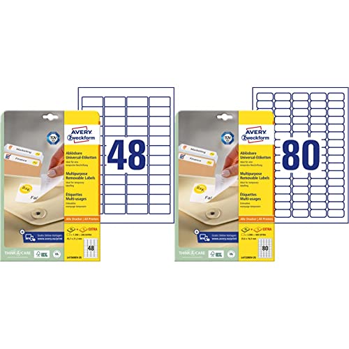 AVERY Zweckform Universal Etiketten (1.200 plus 240 Klebeetiketten extra, 45,7x21,2mm auf A4) 30 Blatt & Universal Etiketten (2.000 plus 400 Klebeetiketten extra, 35,6x16,9mm auf A4) 30 Blatt von AVERY Zweckform