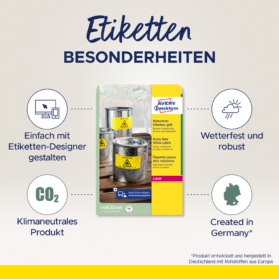 AVERY Zweckform wetterfeste Etiketten, 70 x 37 mm, gelb AVERY Zweckform wetterfeste Etiketten, 70 x 37 mm, gelb von AVERY Zweckform