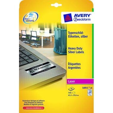 Avery Zweckform® L6011-20 Typenschild-Etiketten - A4, 540 Stück, 63,5 x 29,6 mm, wetterfest, 20 Blatt silber; Packungsinhalt: 540 Etiketten von AVERY Zweckform