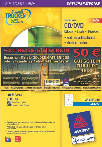 Avery Zweckform, J8676-100, CD-Etikett 117mm, Supersize-Format, spezialbeschichtet, Inhalt:100 Blatt, inkl. gratis 50 EUR Reisegutschein von AVERY Zweckform