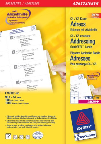 Avery Zweckform, L7173X-100, 100 Blatt, Adress-Etiketten mit Abziehhilfe für C4 Kuverts, 99, 1 x 57 mm von AVERY Zweckform