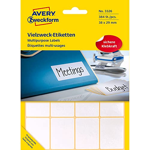 Avery Zweckform 3326 Haushaltsetiketten selbstklebend (38 x 29 mm, 384 Aufkleber auf 24 Bogen, Vielzweck-Etiketten für Haushalt, Schule und Büro zum Beschriften und Kennzeichnen) blanko, weiß von AVERY Zweckform