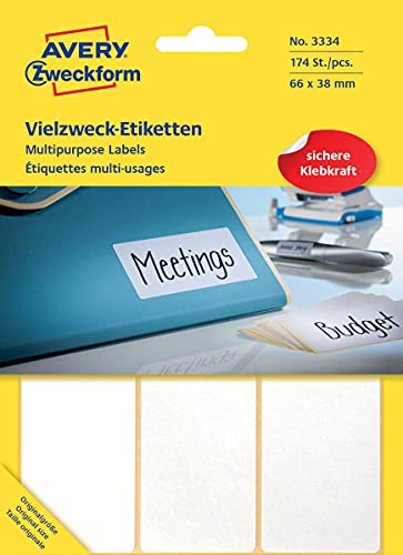 Avery Zweckform 3334 Haushaltsetiketten selbstklebend 174 Stück (66x38mm, 29 Bogen mit je 6 Aufklebern, Vielzweck-Etiketten für Haushalt, Schule und Büro zum Beschriften und Kennzeichnen) blanko, weiß von AVERY Zweckform