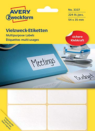 Avery Zweckform 3337 Haushaltsetiketten selbstklebend (54 x 35 mm, 224 Aufkleber auf 28 Bogen, Vielzweck-Etiketten für Haushalt, Schule und Büro zum Beschriften und Kennzeichnen) blanko, weiß von AVERY Zweckform