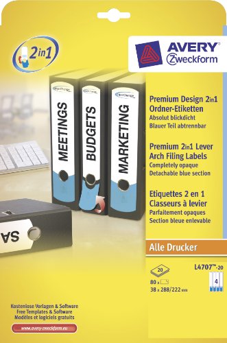 Avery Zweckform L4707-20 Premium Design 2in1 Ordner-Etiketten, blickdicht, 288 x 38 mm, 20 Blatt/80 Etiketten, weiß, blau Avery Zweckform L4707-20 Premium Design 2in1 Ordner-Etiketten, blickdicht, 288 x 38 mm, 20 Blatt/80 Etiketten, weiß, blau von Avery Dennsion Zweckform