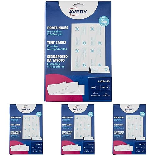 Avery Zweckform L4794-10 Tischkarten (40 Stück, 120 x 45 mm, 190 g/m²) 10 Blatt weiß (Packung mit 4) von AVERY Zweckform