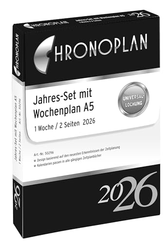 Chronoplan 50206 Kalendereinlage 2026 (Jahres-Set A5 (148x210mm), Ersatzkalendarium für Terminplaner, Tagesplaner, ideal für detaillierte Tagesplanung, 1 Tag auf 2 Seiten, mit Universallochung) weiß von Chronoplan