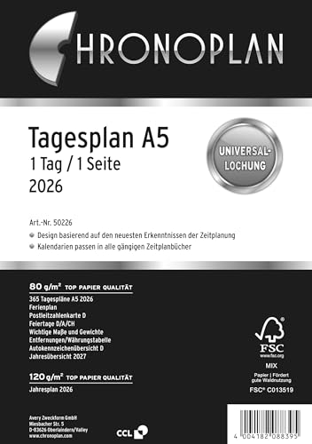 Chronoplan 50226 Kalendereinlage 2026 (Tagesplan A5 (148x210mm), Ersatzkalendarium für Terminplaner, Tagesplaner, ideal für detaillierte Tagesplanung, 1 Tag auf 1 Seite, mit Universallochung) weiß von Chronoplan