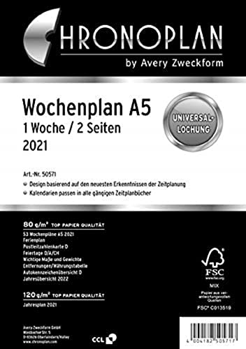 Chronoplan 50231 Kalendereinlage 2021, Wochenplan A5 in Spalten (148x210mm), Ersatzkalendarium, ideal für detaillierte Wochenplanung, Multilochung (1 Woche auf 2 Seiten), weiß von AVERY Zweckform