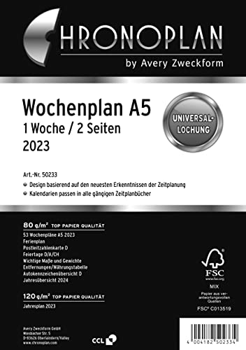 Chronoplan 50233 Kalendereinlage 2023, Wochenplan im A5 Format (148x210 mm), Tage in Spalten, Ersatzkalendarium, ideal für detaillierte Wochenplanung, Multilochung (1 Woche auf 2 Seiten), weiß von Avery Dennsion Zweckform