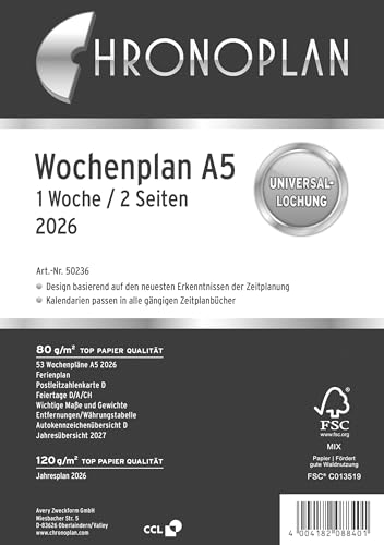 Chronoplan 50236 Kalendereinlage 2026 (Wochenplan A5 (148x210mm) Ersatzkalendarium für Terminplaner, ideal für detaillierte Wochenplanung, 1 Woche auf 2 Seiten in Spalten, mit Universallochung) weiß von AVERY Zweckform