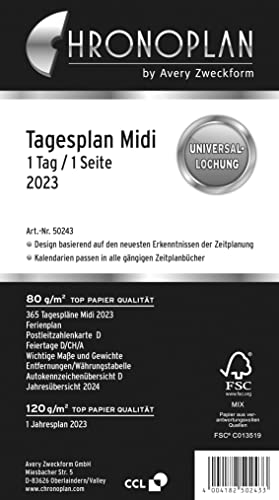 Chronoplan 50243 Kalendereinlage 2023, Tagesplan im Midi Format (96x172 mm), Ersatzkalendarium, ideal für detaillierte Tagesplanung, Multilochung (1 Tag auf 1 Seite), weiß von Avery Dennsion Zweckform