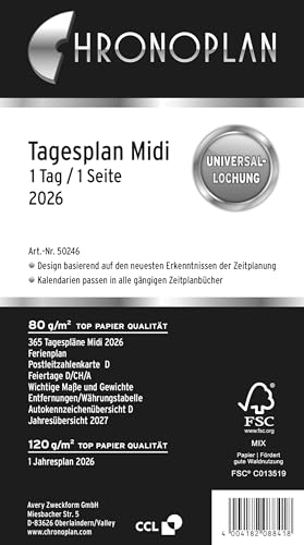Chronoplan 50246 Kalendereinlage 2026 (Tagesplan Midi (96x172mm), Ersatzkalendarium für Terminplaner, Tagesplaner, ideal für detaillierte Tagesplanung, 1 Tag auf 1 Seite, mit Universallochung) weiß von Chronoplan