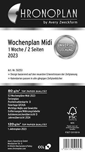 Chronoplan 50253 Kalendereinlage 2023, Wochenplan im Midi Format (96x172 mm), Tage in Zeilen, Ersatzkalendarium, ideal für detaillierte Wochenplanung, Universallochung (1 Woche auf 2 Seiten), weiß von Avery Dennsion Zweckform